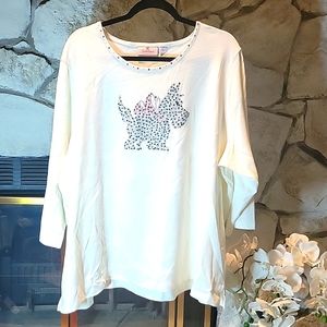 Quaker Factory Cream Scottie Dog Embellished 3/4 Sleeve T-Shirt sz 3X